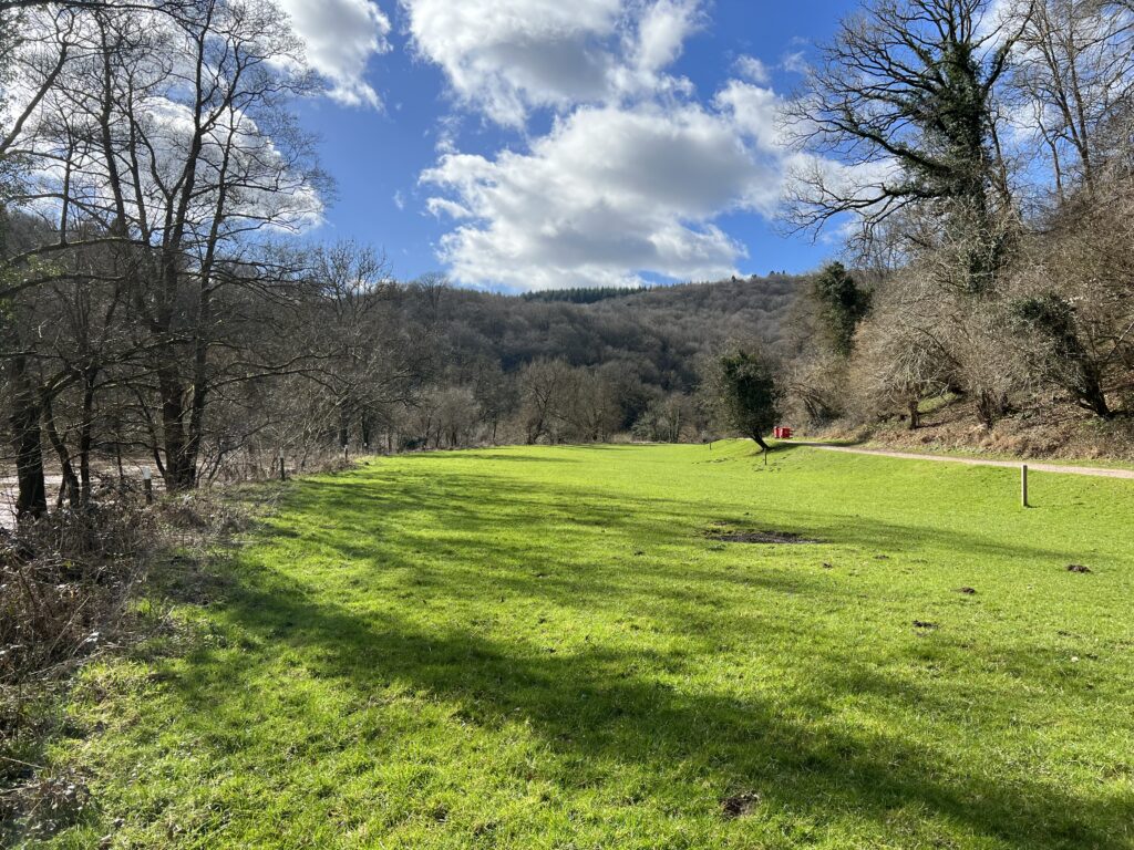 A bright green, sunlit field in a valley surrounded by a river, bare trees on the left, wooded hills in the background, and a dirt path on the right under a blue sky with white clouds.